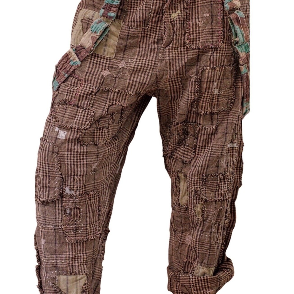 Magnolia Pearl Yarn Dyed Cotton Patchwork Check Miner Pants Adjustable Waist NEW - Picture 3 of 14